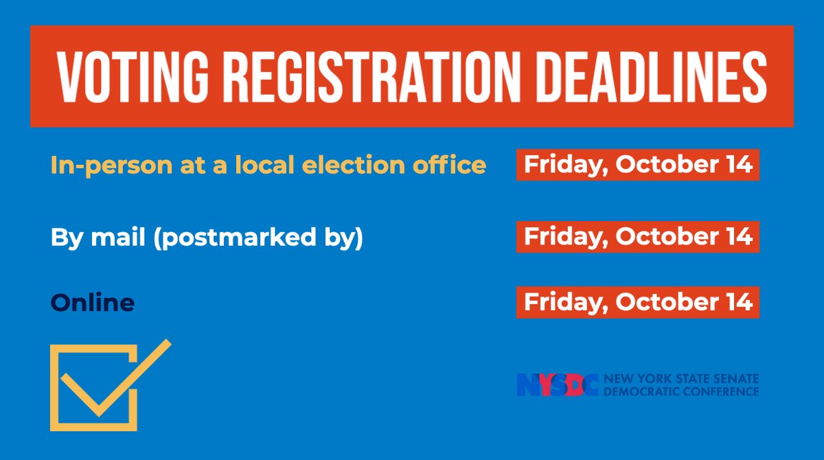 Friday is the last day you can register to vote for the General Election in November. Abortion rights, environmental justice, and the future of our state are on the ballot. Register or check your status here: 
vote.nyc/?utm_source=go…