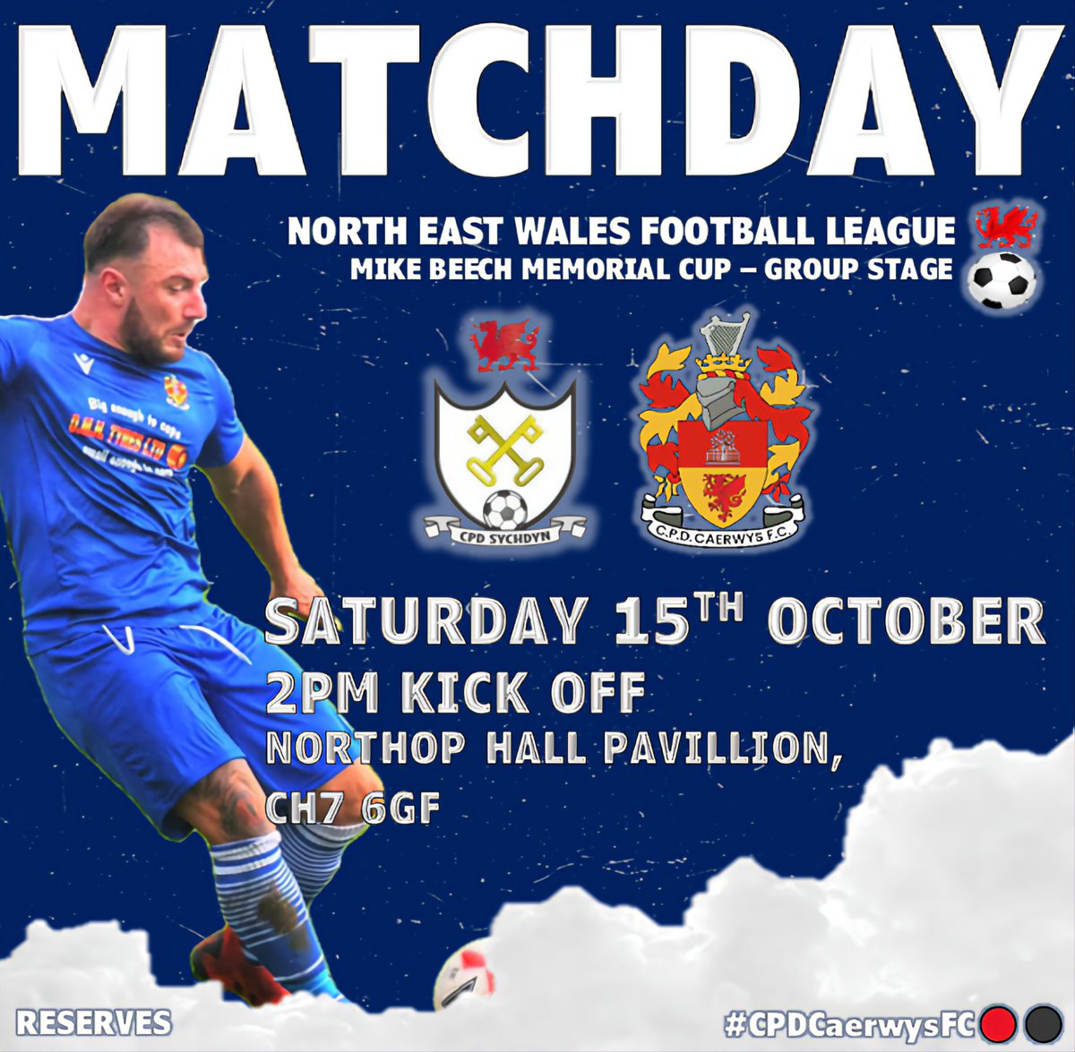 ⚽️𝗨𝗣𝗖𝗢𝗠𝗜𝗡𝗚 𝗙𝗜𝗫𝗧𝗨𝗥𝗘𝗦⚽️ 

Both teams play in the Mike Beech Cup this weekend!

The First Team host <a href="/MynyddIsaFC/">Mynydd Isa FC</a> Reserves, whilst our Reserves travel away to <a href="/CPDSychdyn/">CPD Sychdyn United</a>!

Details for both games below👇

#CPDCaerwysFC🔴⚫️