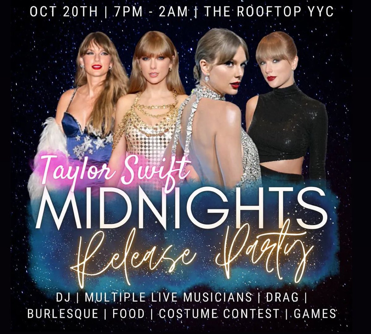 #Meetmeatmidnights!! Come celebrate with us before, during, and after the album drop on October 20th! We are giving you the FULL experience!
MULTIPLE Live music covers, Drag, Burlesque, Games, Costume Contest, Photobooths, Food, DJ and come 10pm #TaylorSwift #midmights #album