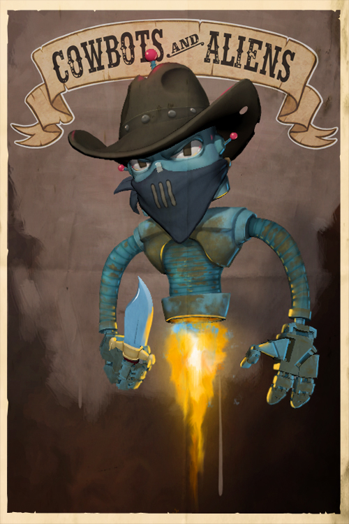 CowbotsAliens's tweet photo. Pictured: a cowbot who just brought a knife into a gunfight! 🔪

Let’s just hope, that his knife throwing skills are enough to outweigh this disadvantage! 

#CowbotsAndAliens #ChickenWaffle #IndieGame #IndieDev #VR #VRgaming https://t.co/xKwpHPyN19