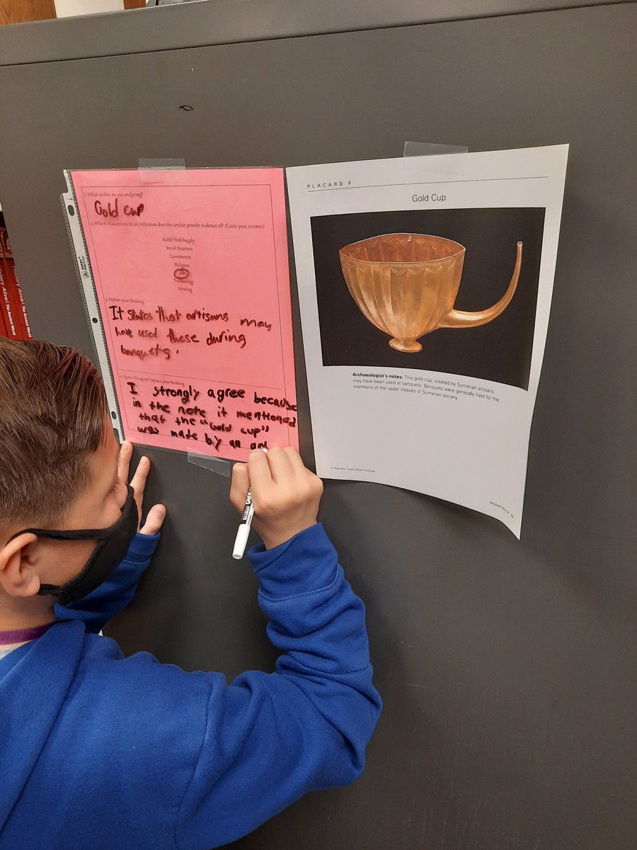 kweseman11's tweet photo. Today in Social Studies we analyzed Sumerian artifacts to identify evidence of Sumer being a highly developed civilization. Students matched artifacts to the characteristics of civilization, then analyzed others' thinking to expand on their own ideas. https://t.co/pBxyKcb3vz
