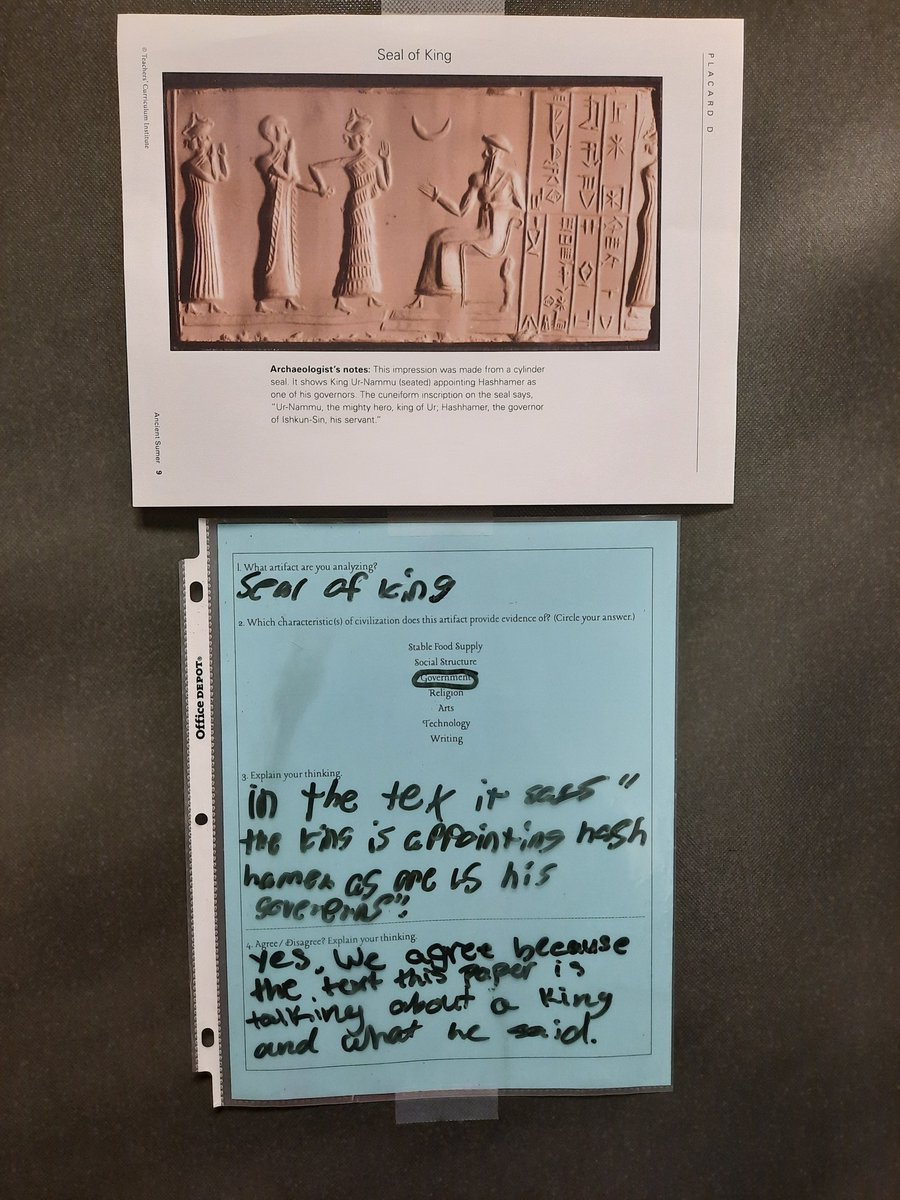 kweseman11's tweet photo. Today in Social Studies we analyzed Sumerian artifacts to identify evidence of Sumer being a highly developed civilization. Students matched artifacts to the characteristics of civilization, then analyzed others' thinking to expand on their own ideas. https://t.co/pBxyKcb3vz