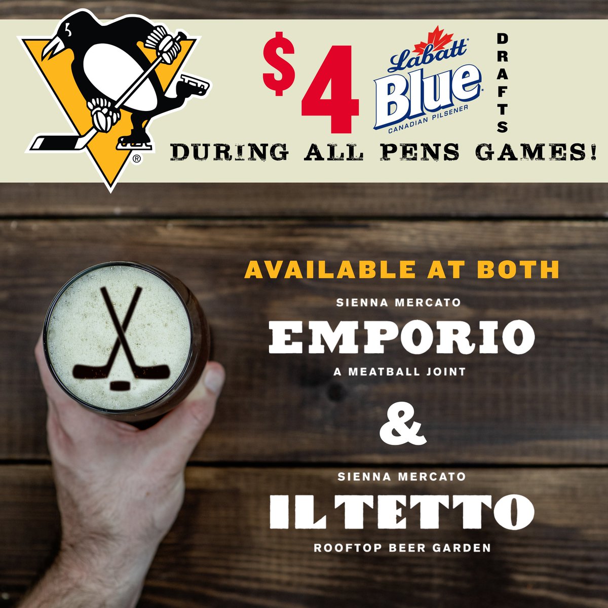 SiennaMercato's tweet photo. 🐧 If you need a spot to watch the Pens this season, we've got you! We're featuring $4 Labatt Blue drafts during every game at both Emporio &amp; Il Tetto!

Also, this Saturday is the kickoff party at Il Tetto from 7pm-9pm featuring tons of awesome giveaways!

#pittsburghpenguins https://t.co/z74M6EkDtu