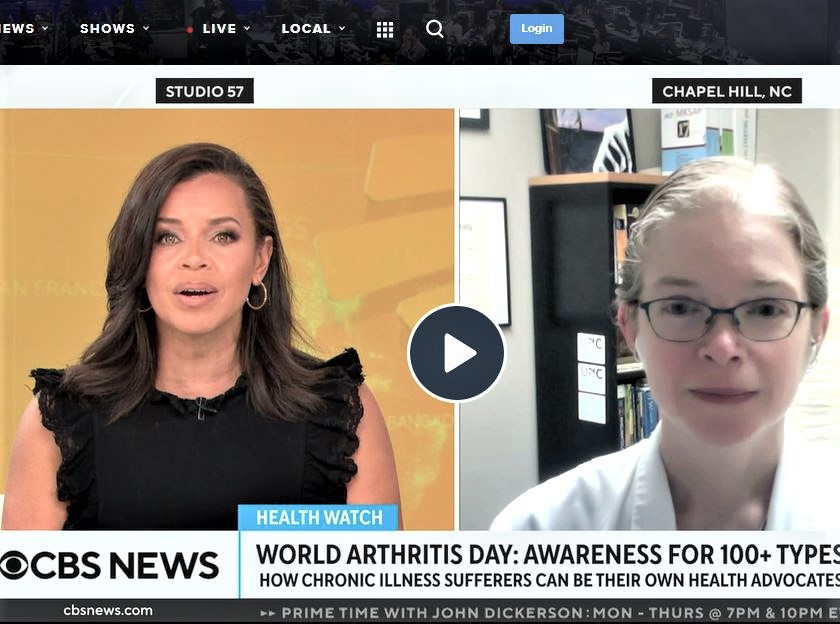 UNCTARC's tweet photo. Learn how you can be your own health advocate and manage your #arthrtitis symptoms more effectively. Dr. Amanda Nelson speaks with @CBSNews for #WorldArthritisDay.  https://t.co/q2zWFFoZG8 https://t.co/KLhRG60kPo
