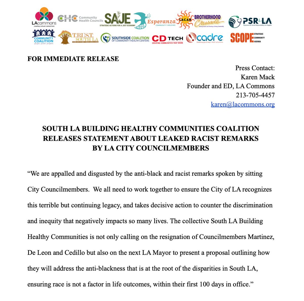 We are appalled by the anti-black and racist remarks spoken by City Councilmembers. We all need to work together to ensure the City of LA recognizes this terrible legacy and take action. We have released a press statement in regards to this matter. SouthLAistheFuture.org