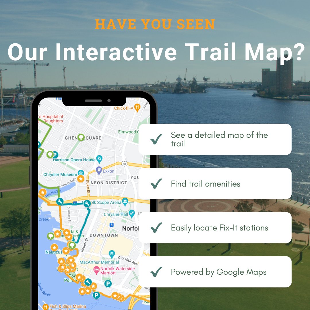 norfolkERT's tweet photo. Want to know what's nearby on the trail? Looking for the closest fix-it station? Trying to find some tasty food or good drinks? Our interactive map has you covered!
https://t.co/TdfPfljZDW
#ertnorfolk #somethingforeveryone #exploreert #rideert #walkert #norfolkva #trailmap https://t.co/qi5fAvUttw