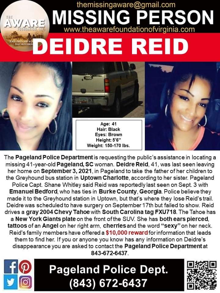 UPDATE: Some of you have been asking for updates on the disappearance of Deidre Reid. In March, Bedford was indicted on charges of murder and kidnapping in Reid’s death. Blood found in Ms. Reids SUV was confirmed to be hers.