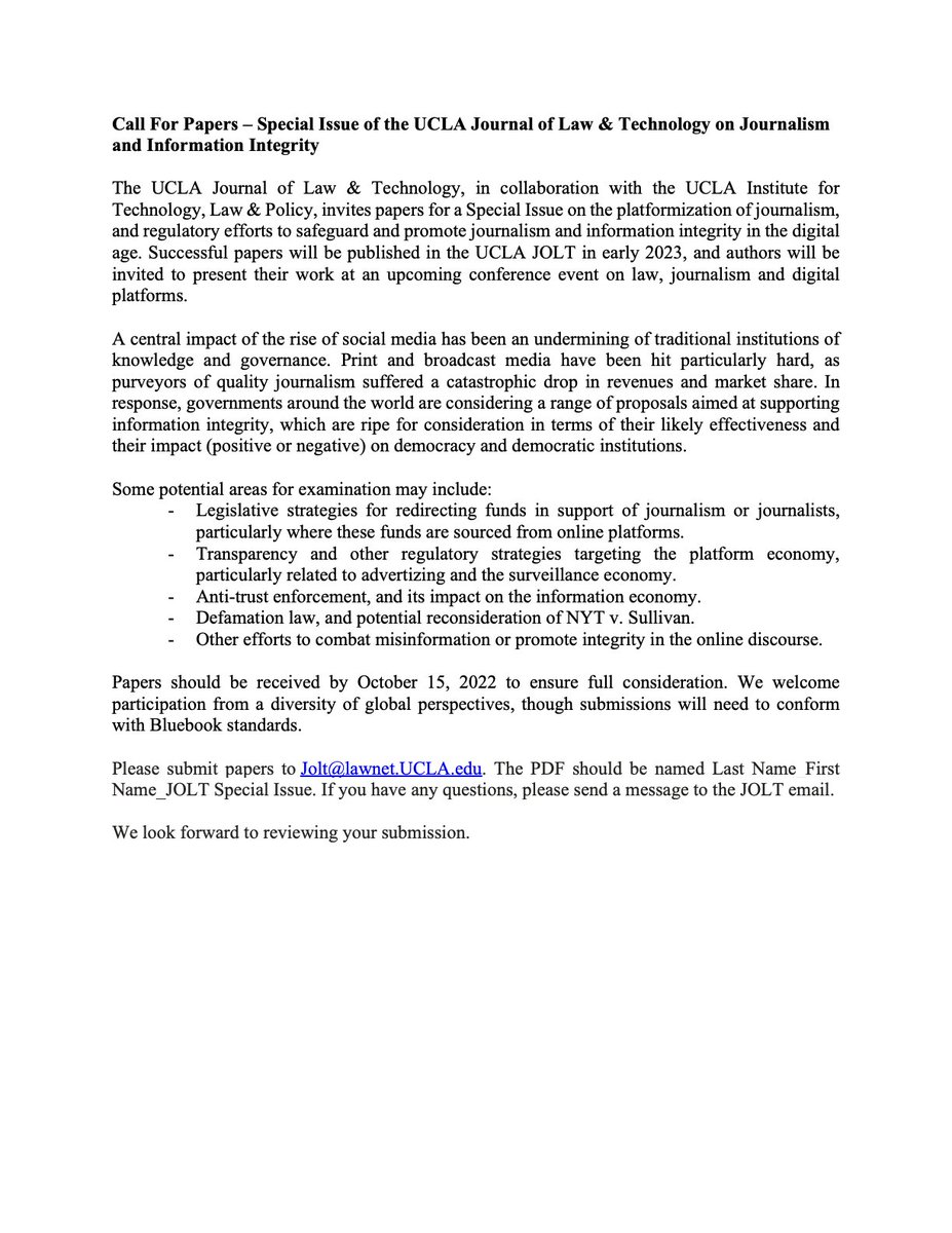 JoltUcla's tweet photo. Reminder that JOLT's Call for Papers for our Special Issue on Journalism and Information Integrity is due on October 15th! https://t.co/xMmDNslKjJ