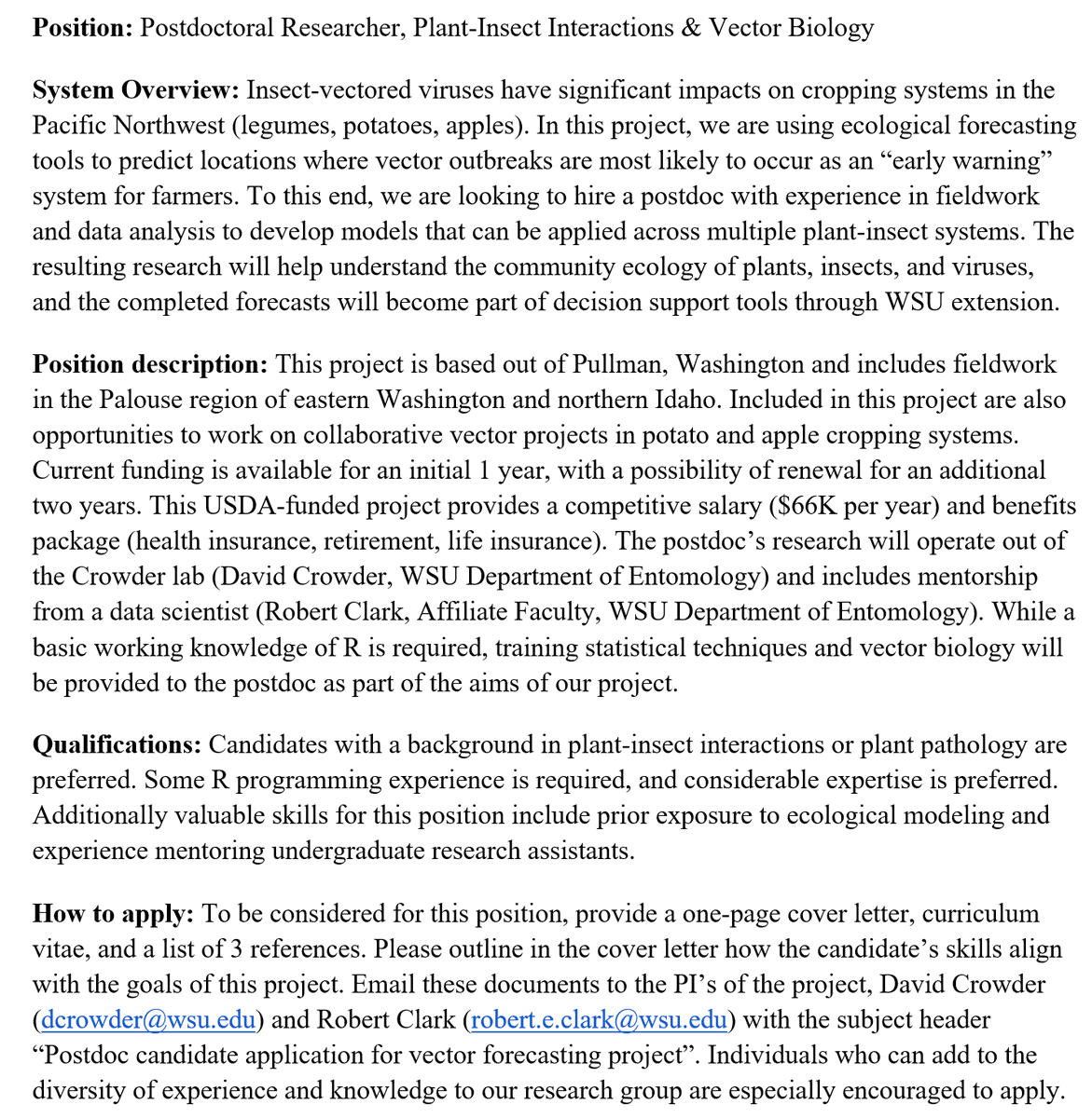 CrowderLabWSU's tweet photo. Our lab is hiring a #postdoc on #ecologicalforecasting and predicting pest outbreaks in agricultural ecosystems. Competitive salary of $66K per year, position is available starting January 2023 https://t.co/Exmw8Lw6EA