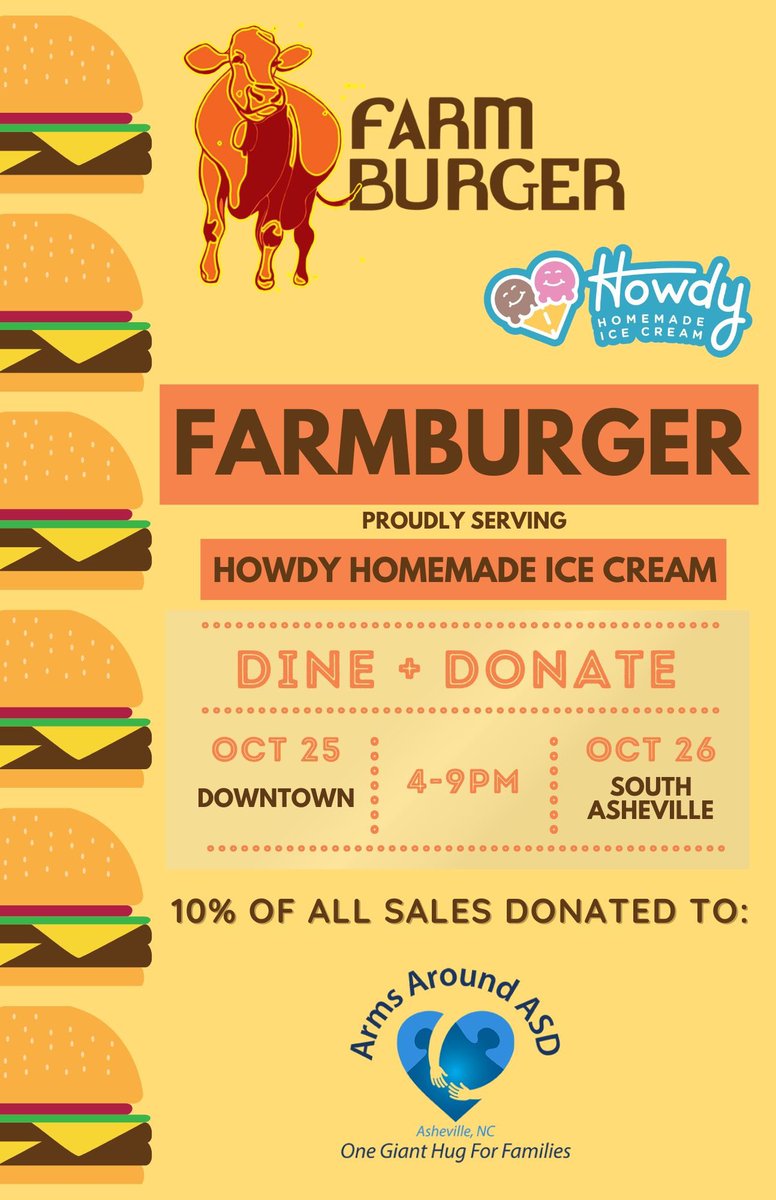 We are partnering with <a href="/ArmsAroundAsd/">Arms AroundASD</a> for a Dine &amp; Donate event! Tuesday, October 25th from 4-9! ❤️🍔
