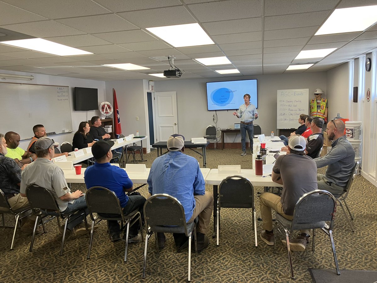 AGCMiddleTN's tweet photo. Are your safety professionals coming to the AGC safety committee meetings? Today @hoplonapp is talking to the group about how they can use geofencing for jobsite alerts and safety management. Next month: sharing best practice ideas and lessons learned. 
#constructionsafety https://t.co/U622ZDK2rR