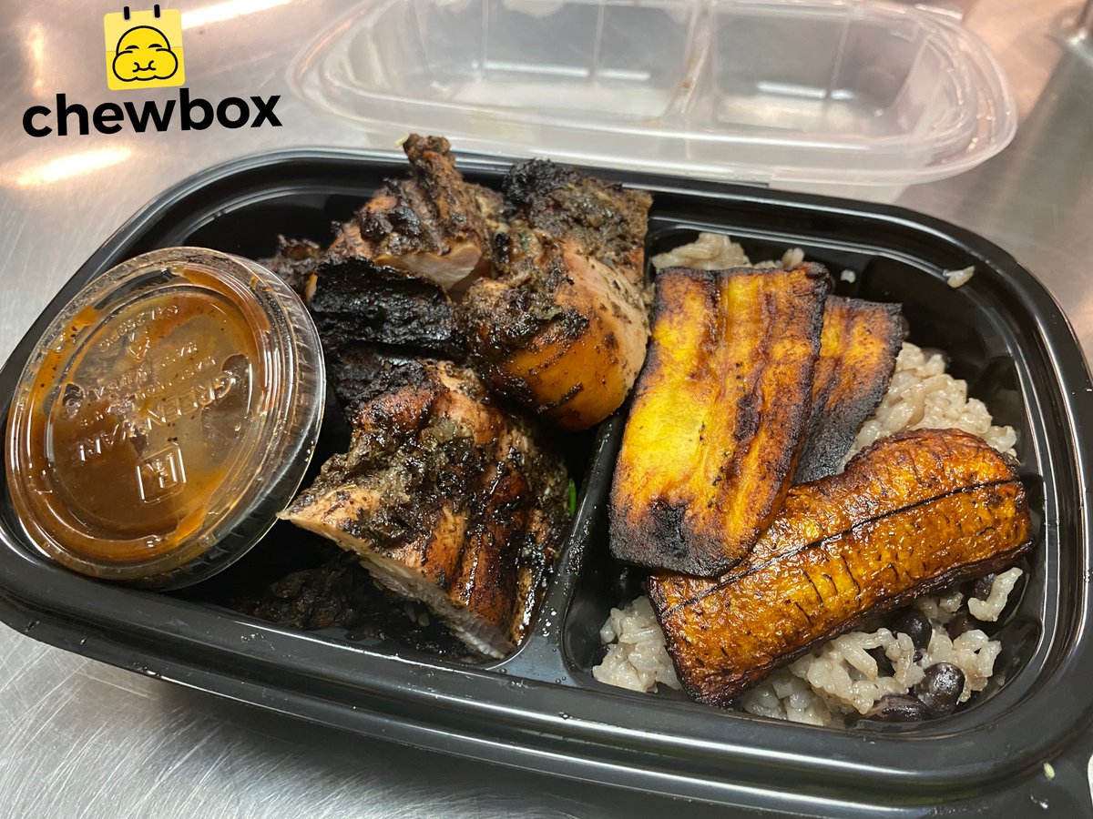 Try our Famous Jerk menu for authentic jerk chicken TODAY! Chicken marinated in herbs and spices smothered with beer served with Coconut Rice, Caribbean Cabbage and Golden Plantains! Visit chewbox.com or download the App TODAY!