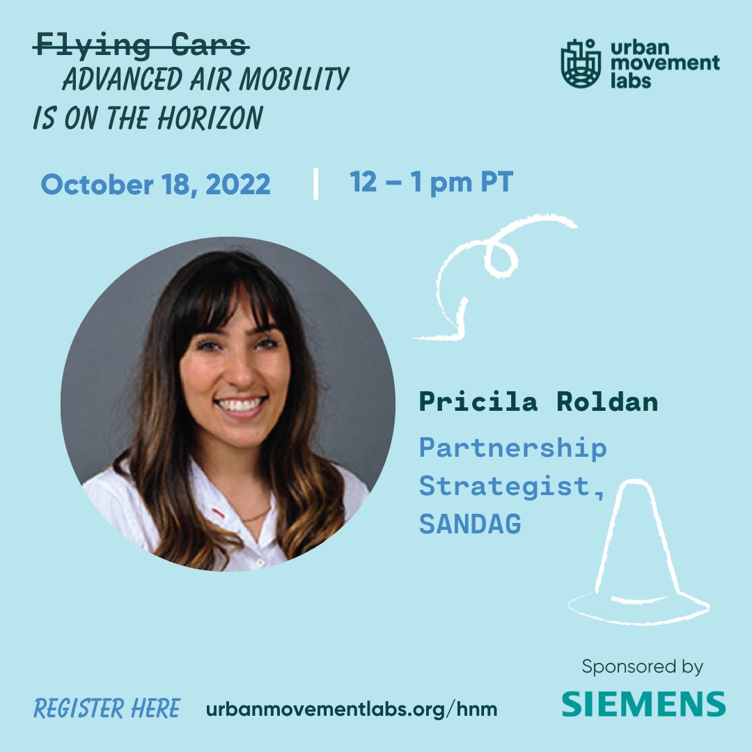 🌟 Speaker Spotlight 🌟 

Pricila Roldan, Partnership Strategist <a href="/SANDAG/">SANDAG</a>, will be a panelist at our next #HumansOfNewMobility virtual workshop. She leads stakeholder coordination to advance efforts related to planning and implementing #AAM.

Register here: zoom.us/webinar/regist…