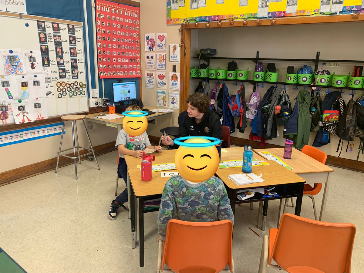 MissKCroft's tweet photo. Thank you so much @DelaurierMr for his awesome hockey player volunteers! We are so excited to work with them each week during our literacy block! @stannestars @KWSiskins 🏒 🥅 https://t.co/W5B6jTTX8r