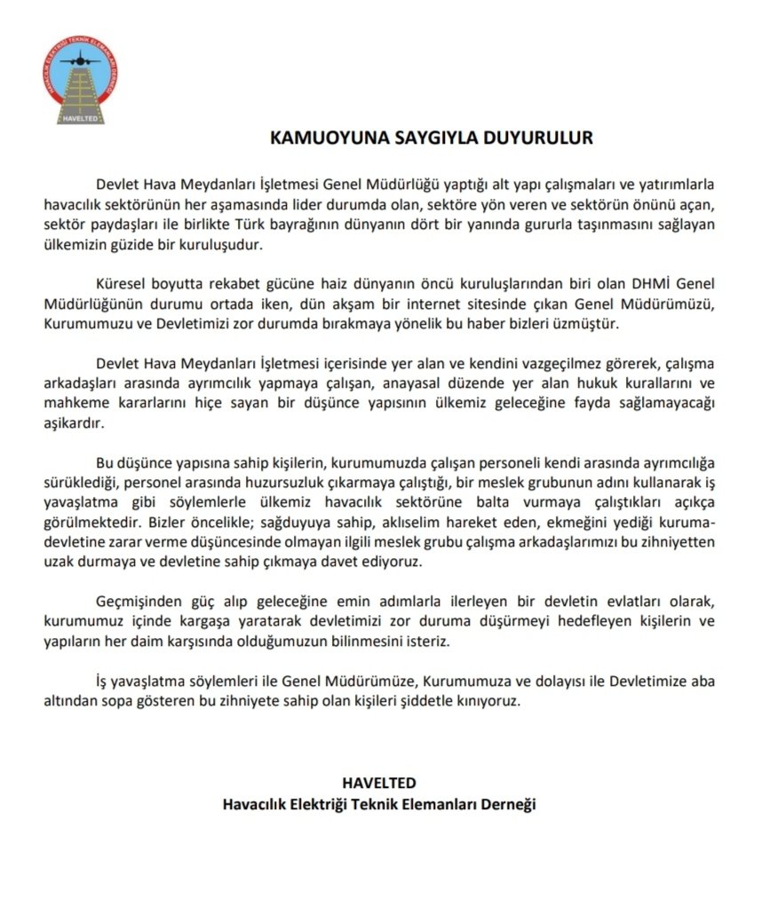 Kamuoyuna Saygıyla Duyurulur 
🇹🇷
havelted.org.tr/haberler/detay…

<a href="/tcbestepe/">T.C. Cumhurbaşkanlığı</a>
<a href="/RTErdogan/">Recep Tayyip Erdoğan</a>
<a href="/UABakanligi/">T.C. Ulaştırma ve Altyapı Bakanlığı</a>
<a href="/akaraismailoglu/">Adil Karaismailoğlu</a>
<a href="/dhmikurumsal/">DHMİ Genel Müdürlüğü</a> 
<a href="/dhmihkeskin/">Dr. Hüseyin KESKİN</a>