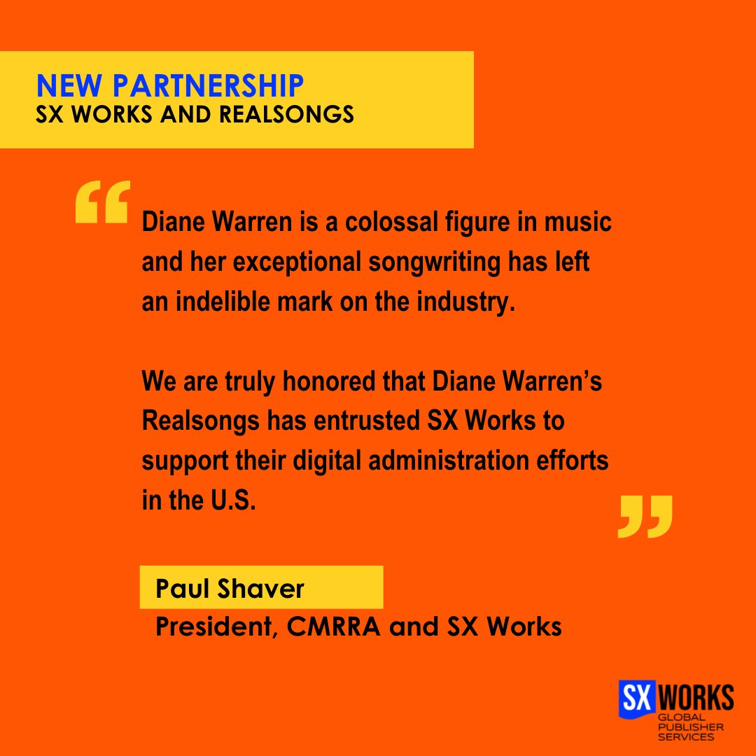 SXWorks's tweet image. We are pleased to announce we are working with Realsongs to ensure accurate compensation for all compositions of acclaimed songwriter @Diane_Warren in the US and Canada.

Read more about the partnership below:
bit.ly/3g6bNxi