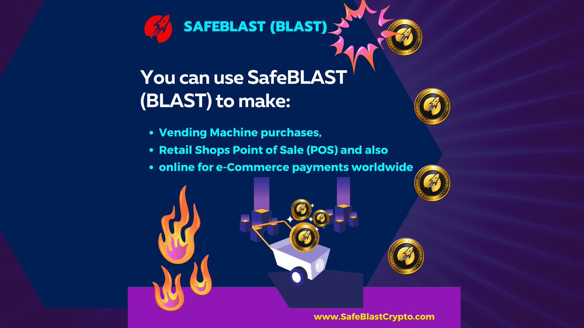 SafeBLASTarmy's tweet photo. You can use SafeBLAST (BLAST) to make:
•Vending Machine purchases,
•Retail Shops Point of Sale (POS) and also
•online for e-Commerce payments worldwide.
Click this link and learn more https://t.co/HlzNj41uAA
#BLAST #SafeBALST #PancakeSwap https://t.co/XoWumQJDpH