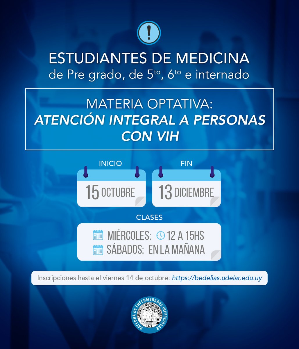 Infectologia_uy's tweet photo. ⚠️ 𝗘𝘀𝘁𝘂𝗱𝗶𝗮𝗻𝘁𝗲𝘀 𝗱𝗲 𝗺𝗲𝗱𝗶𝗰𝗶𝗻𝗮 de pre grado, de 5to, 6to e internado.👨‍⚕️ 👩‍⚕️
✍️ Inscripciones: https://t.co/kAHv2MTKFS https://t.co/CilCv1tgZR