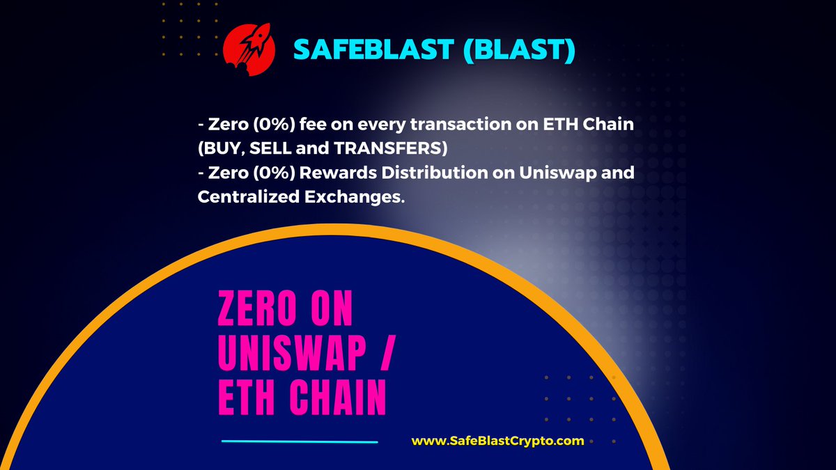SafeBLASTarmy's tweet photo. ZERO on UniSwap / ETH Chain.
- Zero (0%) fee on every transaction on ETH Chain
(BUY, SELL and TRANSFERS)
- Zero (0%) Rewards Distribution on Uniswap and Centralized Exchanges.
Click this link and learn more https://t.co/HlzNj4j5Za
#BLAST #SafeBALST #PancakeSwap #Blasttoken https://t.co/HPbtPJ287T