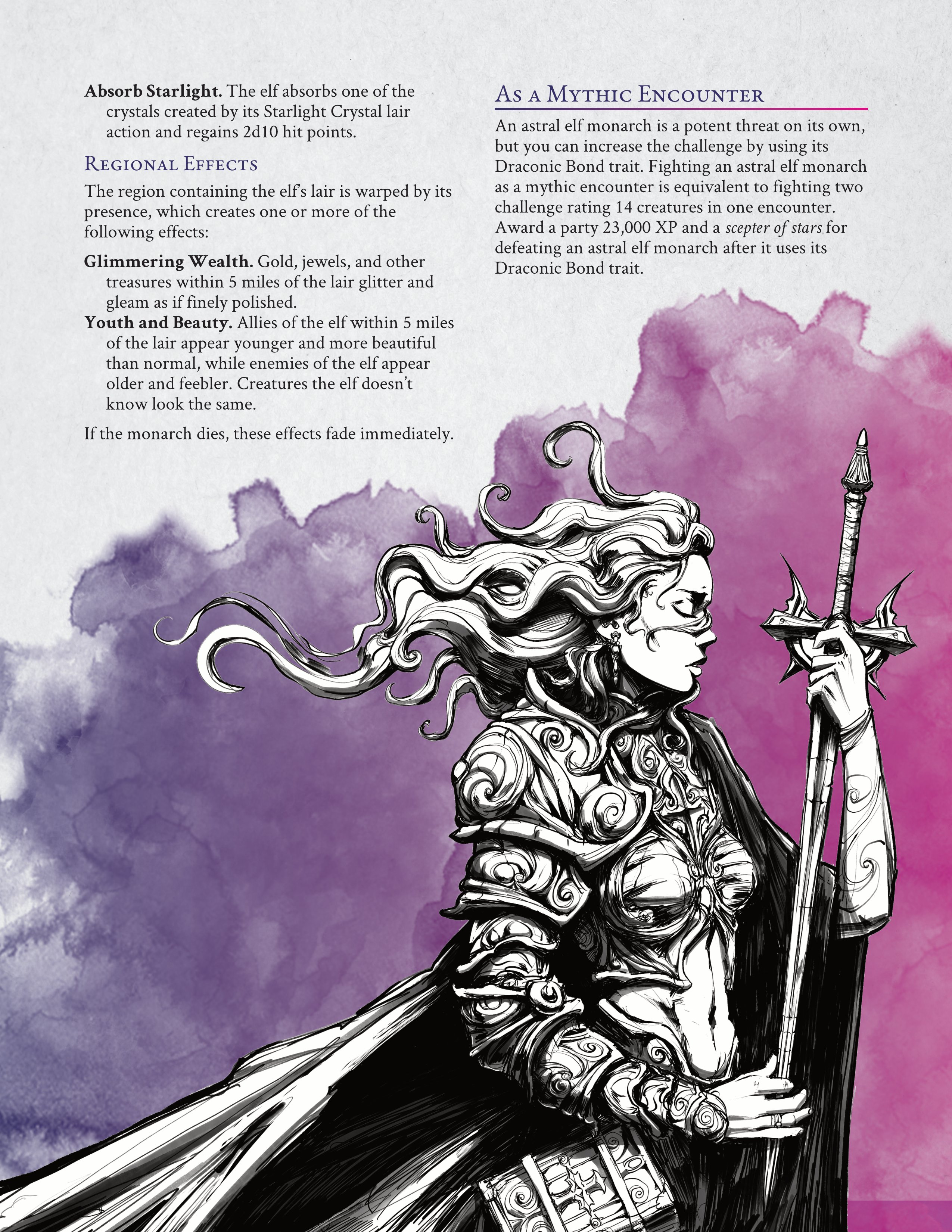 A page from Myths of Wildspace. On the bottom half of the page, a woman in armor with a longsword faces the right, eyes closed and hair flowing.