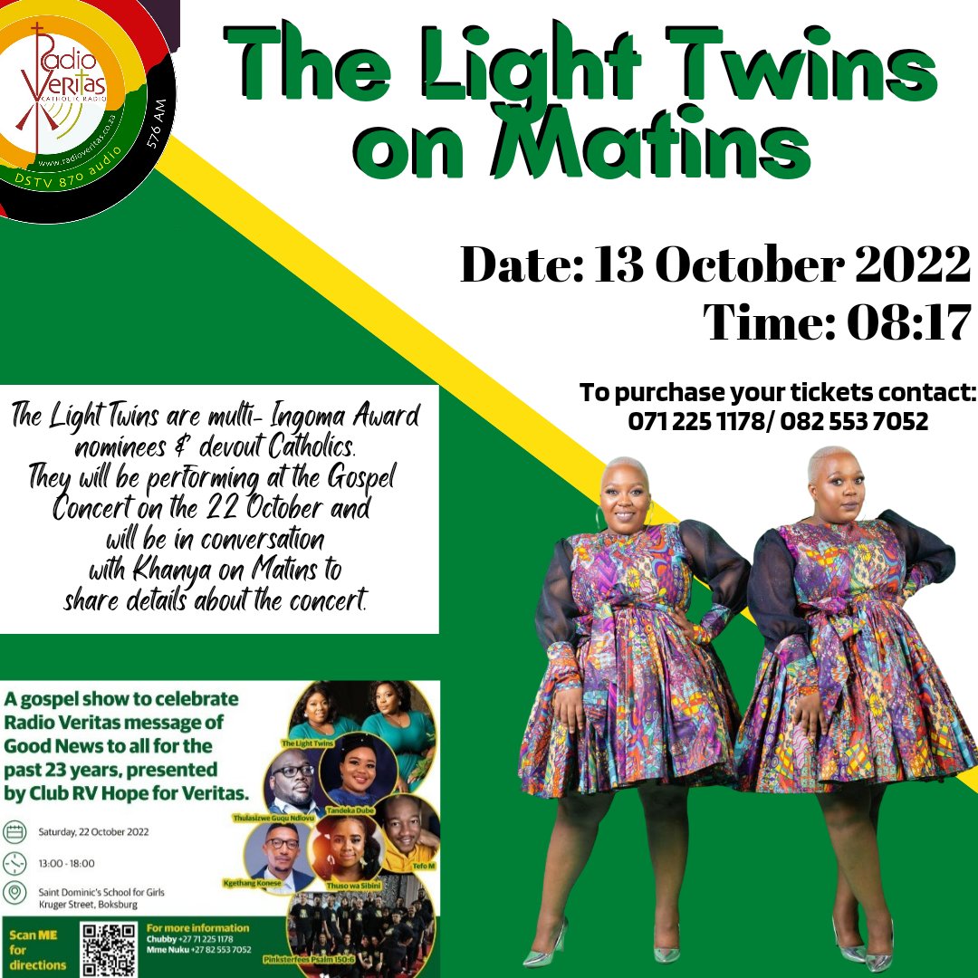 #GospelConcert The Light Twins on Matins Tune into Matins on the 13 October at 08:17 as Khanya Litabe has a conversation with the Light Twins about their music journey, plans, as well as the Gospel Concert taking place on the 22 October 2022 at St Dominic's School, Boksburg