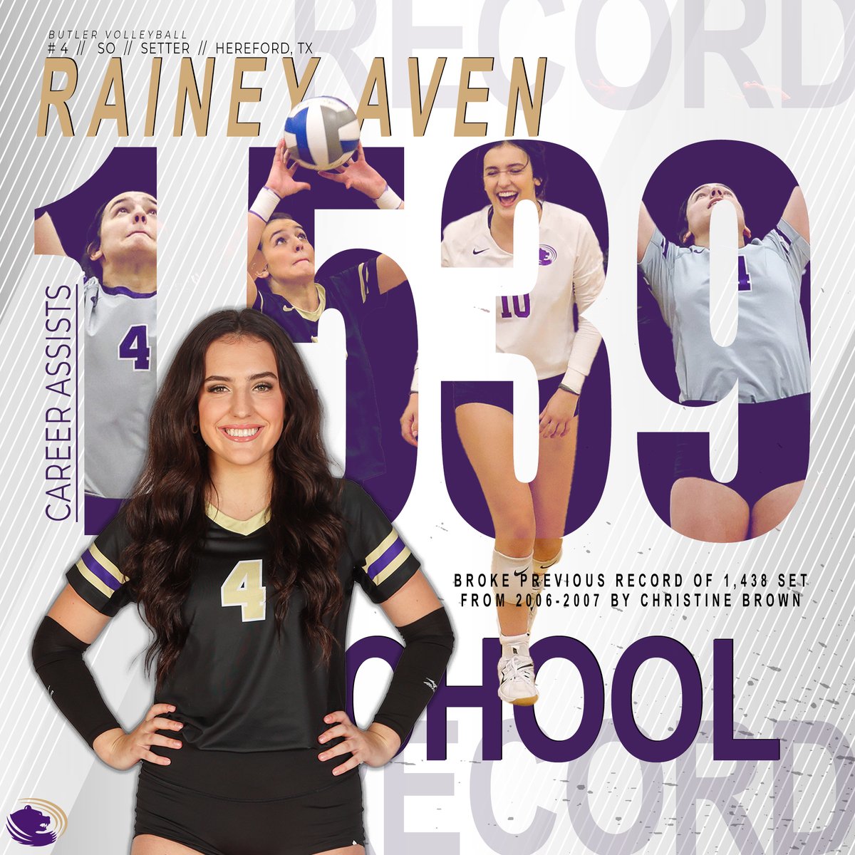 ButlerGrizzlies's tweet photo. 🚨𝗡𝗲𝘄 𝗦𝗰𝗵𝗼𝗼𝗹 𝗥𝗲𝗰𝗼𝗿𝗱🚨

Rainey Aven @Raineyaven sets a new school record for @BucoVolleyball in career assists as she passes Christine Brown (2006-07) for the top spot now with 1,539 assists at Butler!

*Aven broke the record in the match vs Trinity Valley Friday https://t.co/W27BpRuTBw