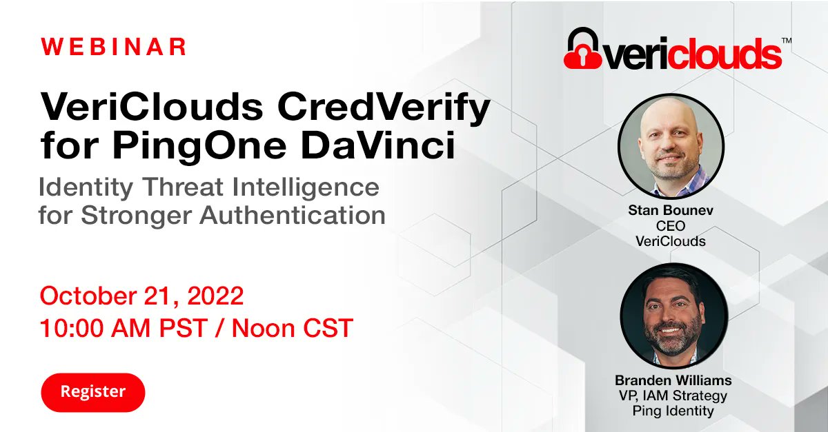 Passwords are the bane of our existence. Now Ping customers can enable stronger authentication and stop account takeover attacks. 

Join <a href="/StanBounev/">Stan Bounev</a> and <a href="/PingIdentity/">Ping Identity</a>'s <a href="/BrandenWilliams/">Dr. Branden Williams</a> to discuss trends in modern authentication on 21-Oct at 10:00 AM PT

vericlouds.com/events-webinar…