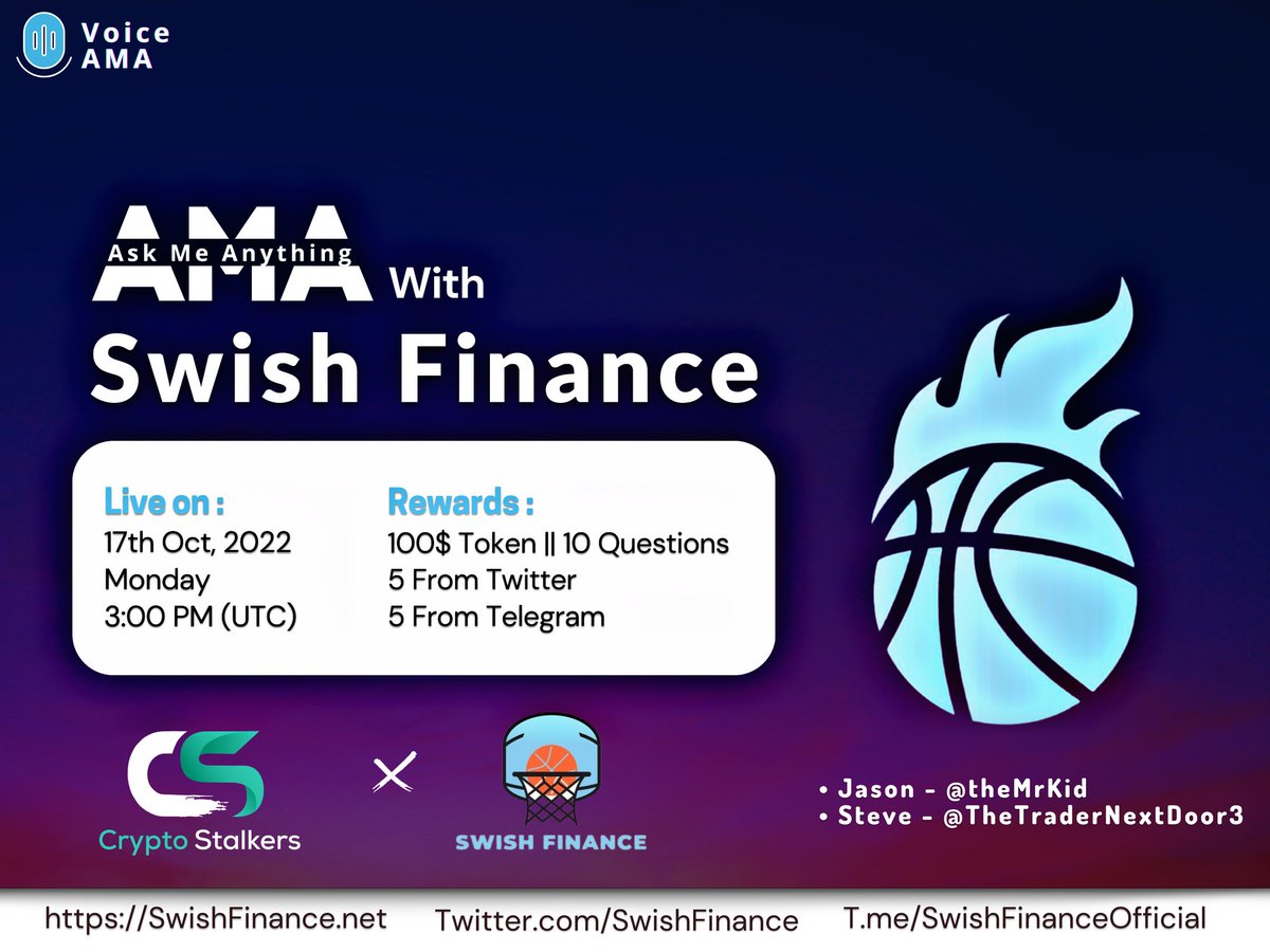 📢 We're thrilled to announce our next #VoiceAMA with <a href="/SwishFinance/">Swish Coin</a> on 17th Oct 3:00 PM UTC

💰 Reward :100$ In Tokens
📍 Venue: t.me/thecryptostalk…
〽️ Rules:
✅ Follow @StalkersCrypto &amp; <a href="/SwishFinance/">Swish Coin</a> 
✅LK &amp; RT
✅Comment Questions &amp; Tag 3 Friends with BEP20 address