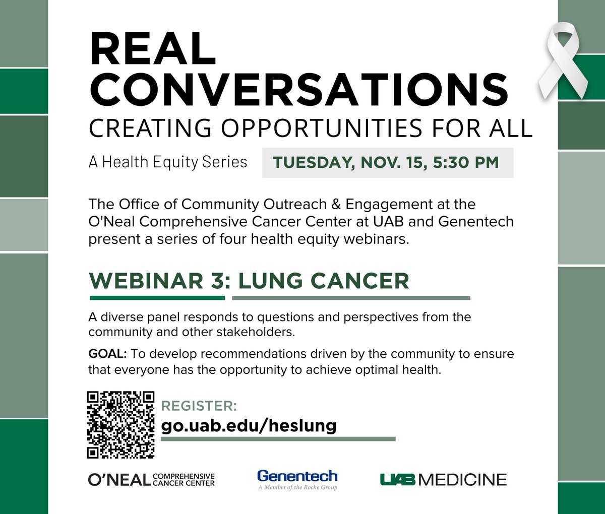 Save the date! #ONealOutreach and @Genentech will host the third webinar in the Real Conversations series on Tuesday, November 15, at 5:30 p.m. Hear from a diverse panel that will explore health equity issues related to lung cancer. Register now: go.uab.edu/heslung