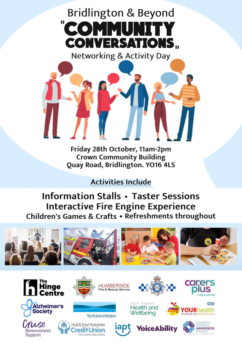 Do you work for an organisation, charity, or community group? Attend our Community Conversation event later this month and promote what you offer to the local community of Bridlington. 
Email megan@thehinge.org.uk if you are interested in attending. #bridlington #thehingecentre