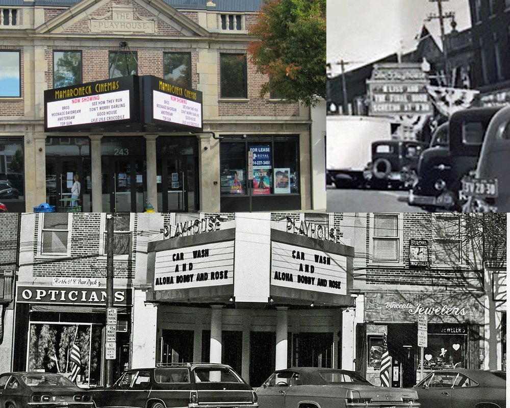 MichaelGMeaney's tweet photo. The #Mamaroneck Playhouse movie theater, clockwise: today, in 1936, and in 1977. The photos are part of the Mamaroneck Avenue Nostalgia Tour (https://t.co/D5ZgPAvrR6 ), a new online look back at the iconic shops, restaurants, etc., in Mamaroneck Village's downtown. https://t.co/0yyGrVQlIq