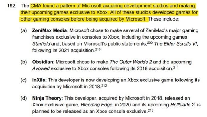 xMBGx's tweet photo. The CMA is pointing out a "pattern" of Microsoft acquiring studios and a publisher in recent years to then go on and make their games exclusive to the Xbox platform. https://t.co/Q7GkQZ2pEs