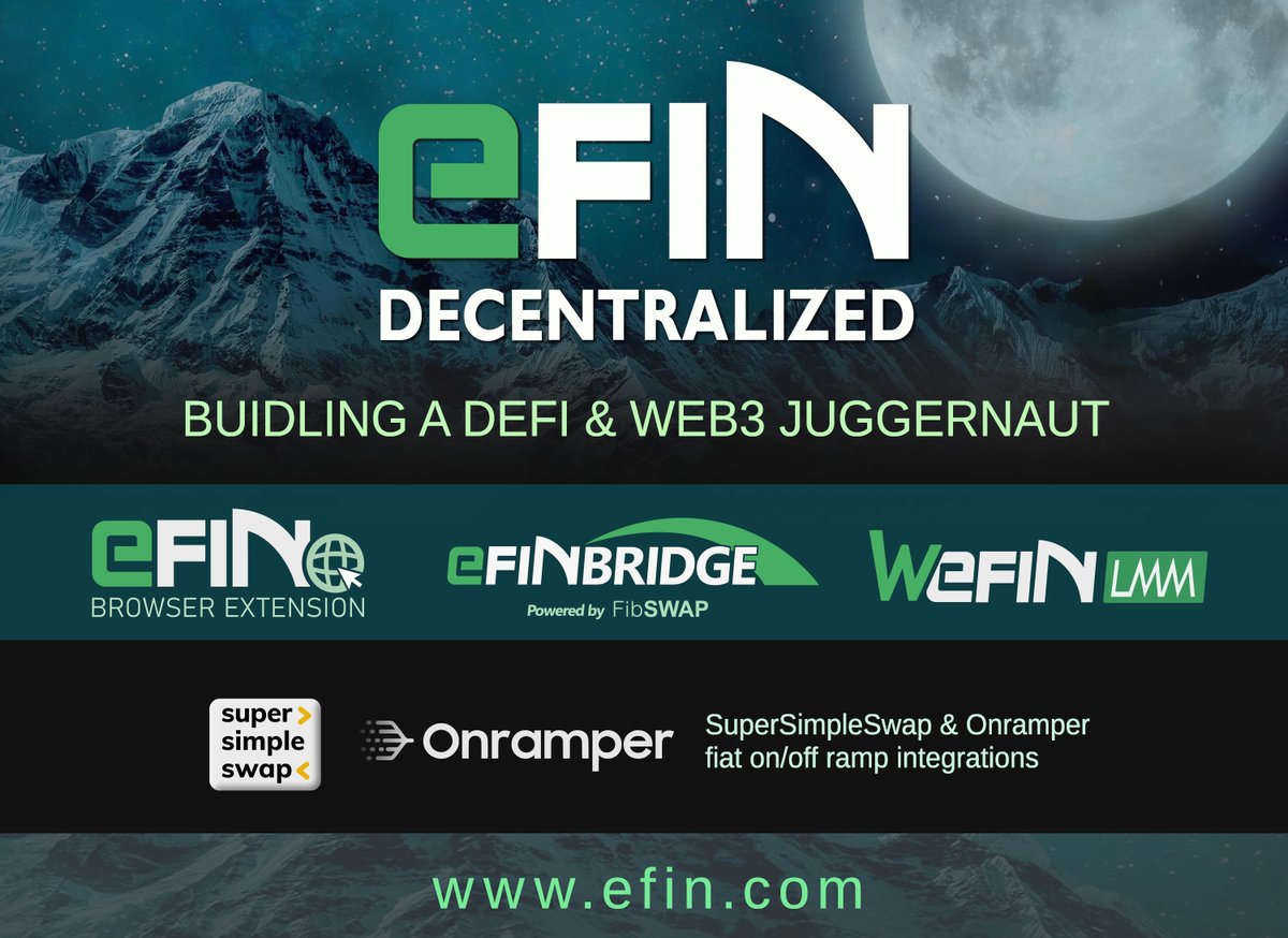 💪eFIN DECENTRALIZED – Building a DeFi &amp; Web3 Juggernaut🔥

A secure, P2P, non-custodial DEX featuring:
- SuperSimpleSwap &amp; Onramper fiat on/off ramp integrations.
- eFIN Browser Extension.
- eFIN Crosschain Bridge (powered by FibSWAP).
- WeFIN LMM Bonding &amp; Staking system.