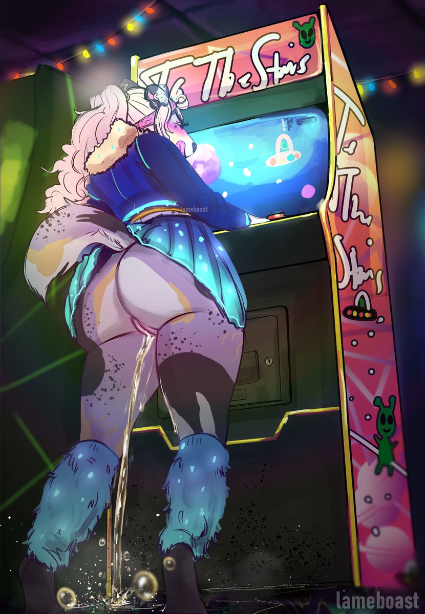 Got to draw this adorable character again, this time pissing casually cause she doesn't wanna give up her high score ✨