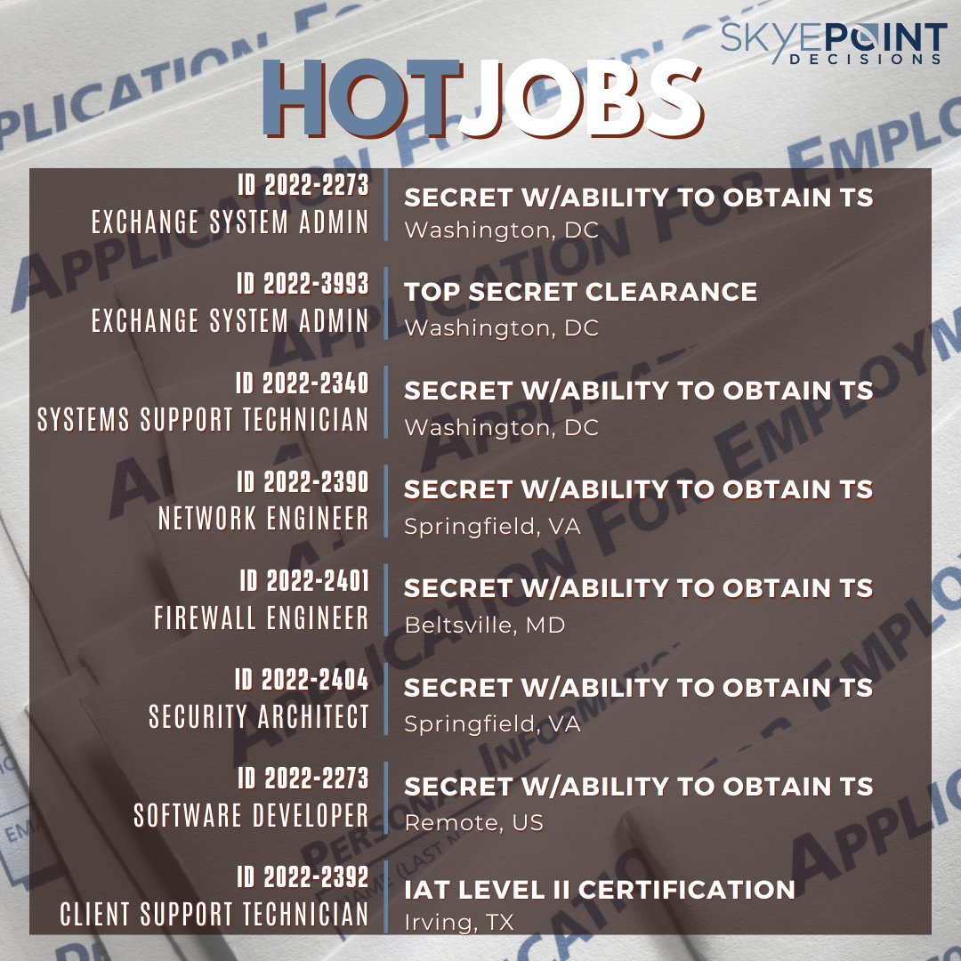 SkyePoint's tweet image. There's always a new and exciting opportunity waiting for you at SkyePoint! skyepoint.com/careers/career…

#JoinOurJourney #WereHiring #Cybersecurity #HotJobs #ClearedJobs #ExchangeAdmin #Firewalls #ClientSupport