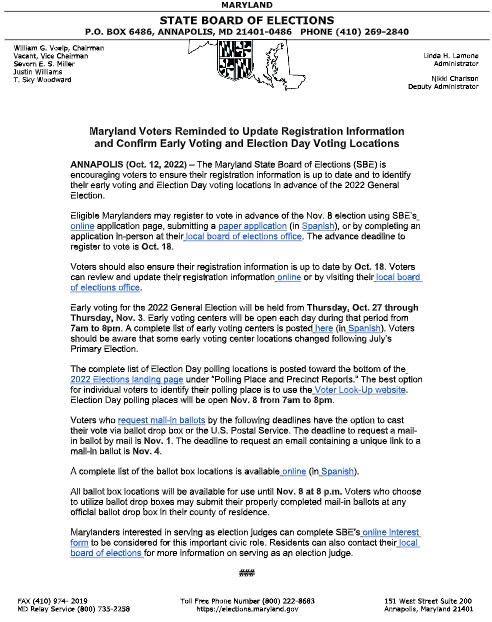 Are you registered and is your info current? Have you moved, or changed your name or party affiliation? The advance voter registration deadline is 10/18, less than a week away! Check your info at vote.md.gov/StatusSearch and make updates at vote.md.gov/VoterSvcs #MDvotes