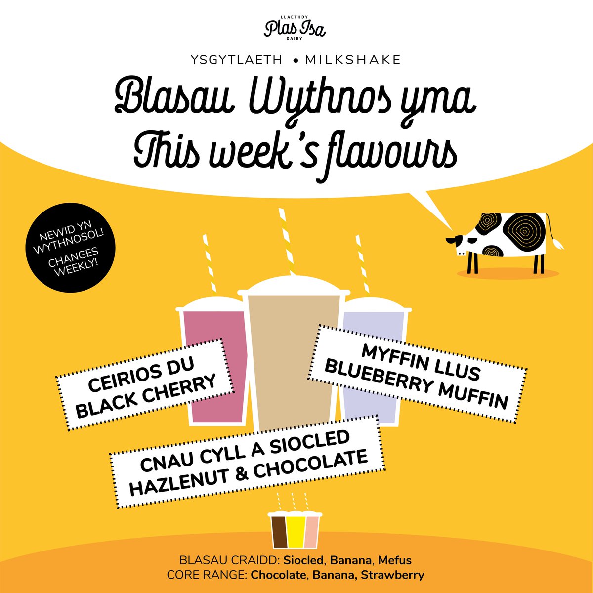 llaethdyplasisa's tweet photo. Blasau Wythnos yma...
This Week's flavours...
Black cherry / Ceirios Du
Blueberry Muffin / Myffin Llus
Hazelnut and Chocolate /Cnau Cyll a Siocled
Available 24/7
Ar gael 24/7
Y Clwb Glan Conwy
#plasisa #milkshakes #localmilk #glanconwy #vendingmachine #helpyourself https://t.co/j7wmLlB8wN