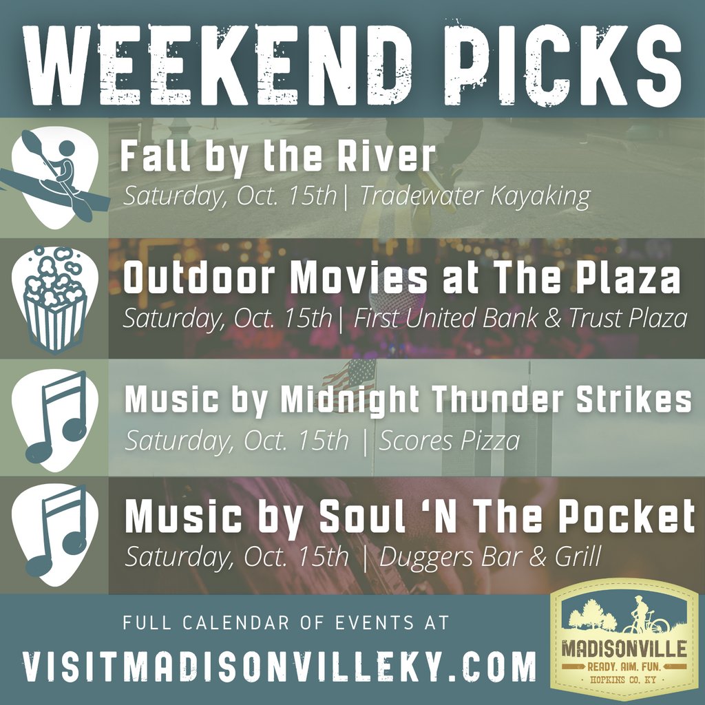 HCTourism's tweet photo. Fall break fun in Madisonville & Hopkins County! π (There is so much to do, we had to make 2!)
Find the latest weekend picks and upcoming events:
π https://t.co/3FoqBiOPaf
#fallbreak #thingstodo #madisonvilleky #hopkinscounty #readyaimfun #weekendpicks https://t.co/08wyNXvEiP