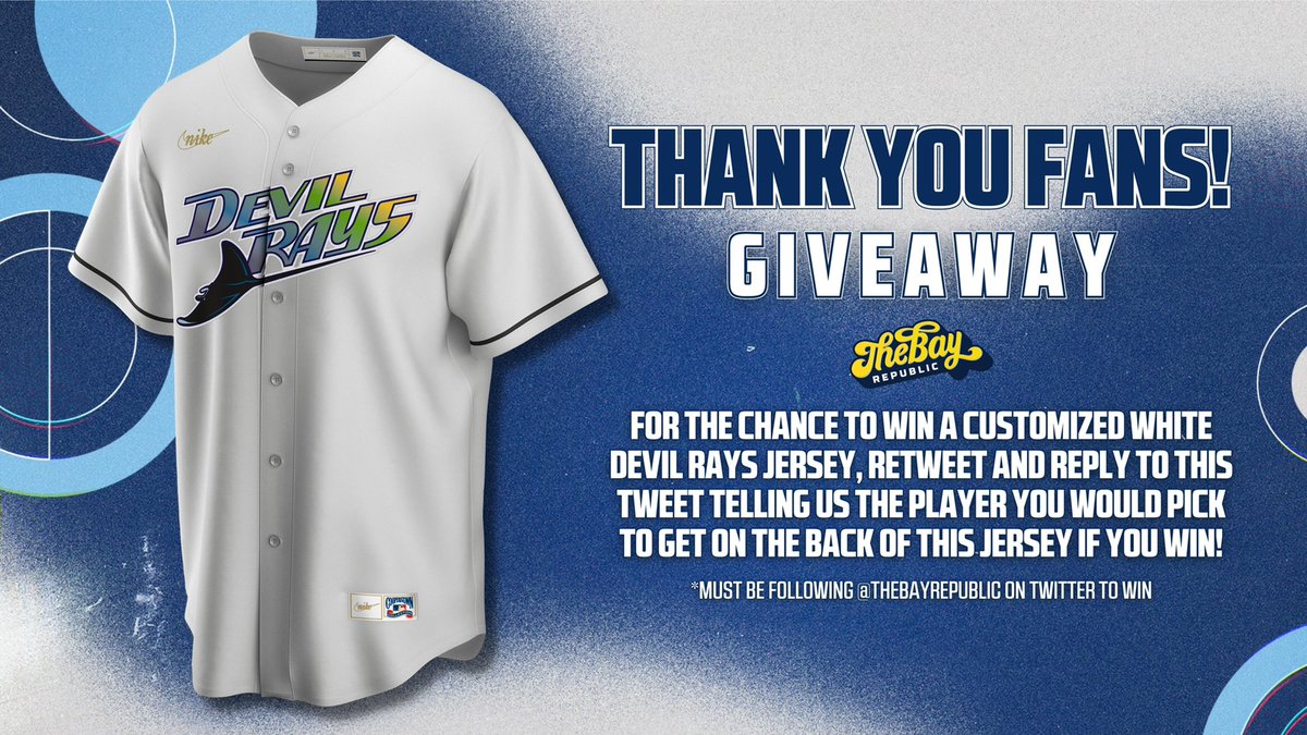 💥GIVEAWAY💥 THANK YOU RAYS FANS! We want to say THANK YOU and give you a chance to win a Player Customized Devil Rays Jersey! For your chance to win: RT & reply with which player you would pick. Must be following @TheBayRepublic to win! Good luck & #RaysUp