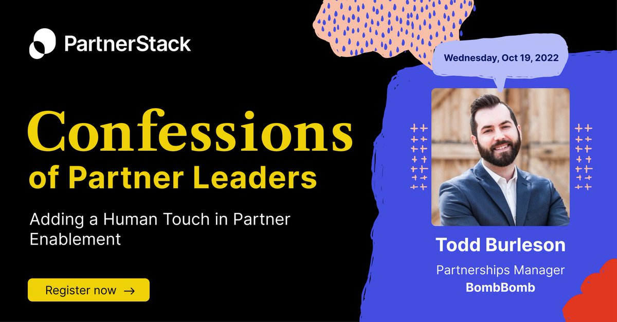 partnerstack's tweet image. Don’t forget to save your spot at our upcoming Confession with Todd Burleson, Partnerships Manager at BombBomb LIVE on Oct. 19. Register today: hubs.la/Q01pzXtt0

#partnerships #partnermanager #SaaS #partnerenablement