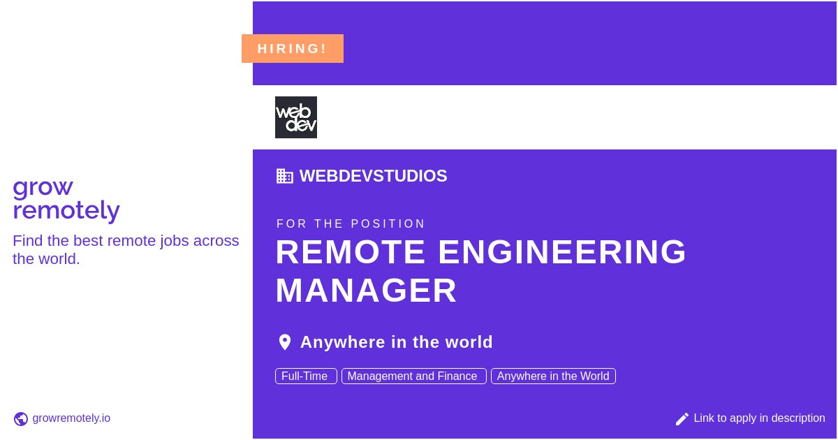 growremotelyio's tweet image. Check out this job at WebDevStudios for the position Remote Engineering Manager.

 Apply link: growremotely.io/?id=634604c625…

#hiring #remotejobs #WebDevStudios #Others