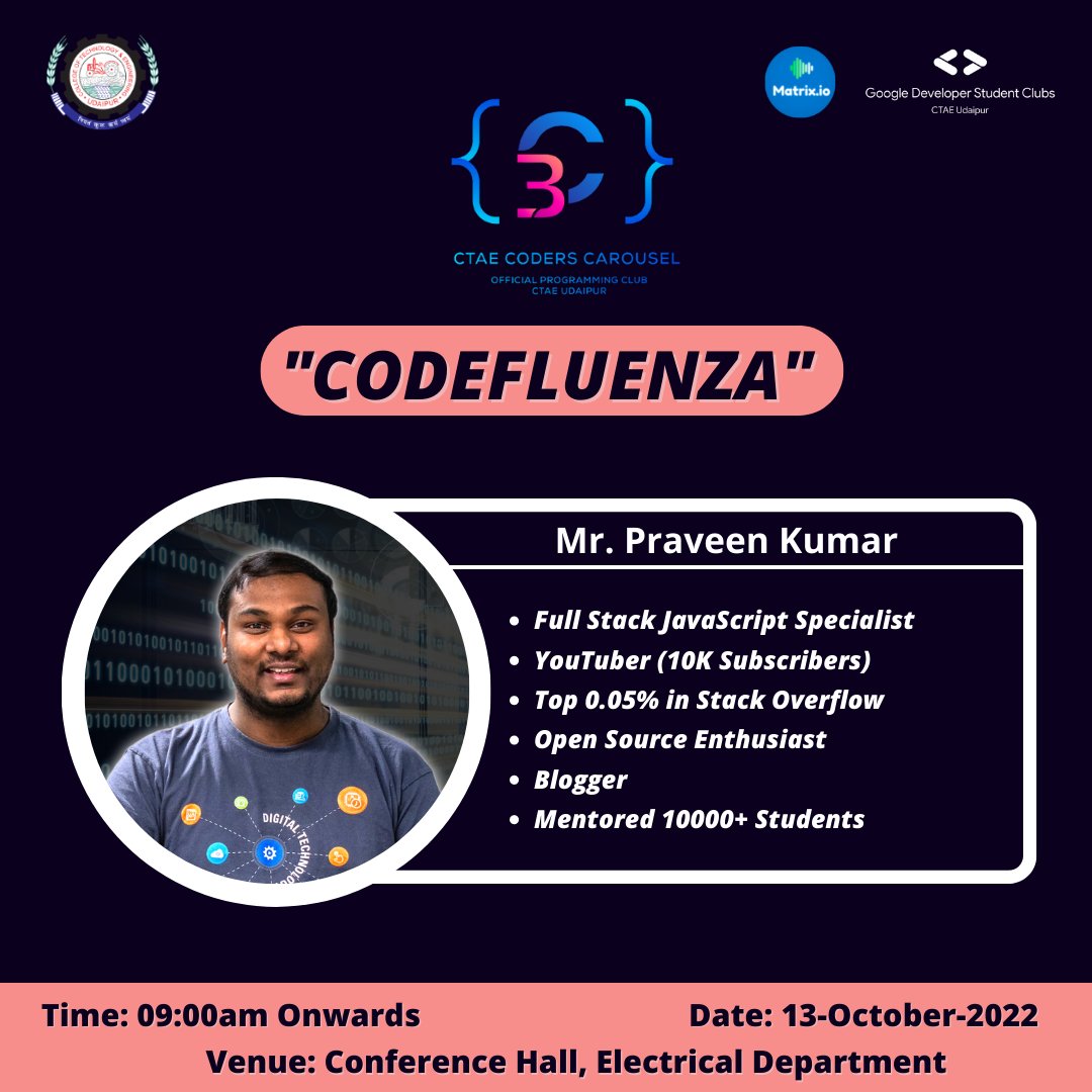 ctae_coders's tweet photo. We are glad to invite Mr. @praveenscience as a Speaker for our CommOS session in CodeFluenza 22' event. Do follow his social media handles for more awesome stuff:

Website: https://t.co/bdRYmtpuK8
YouTube: https://t.co/8JblK4cH83
LinkedIn: https://t.co/ylV3iKJYA9

#PraveenScience https://t.co/GnZZazaNtj