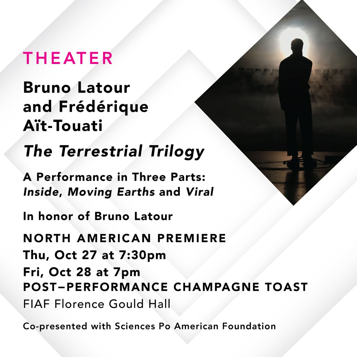 Don't miss the final performances in FIAF's Crossing The Line festival: Gisèle Vienne's 'CROWD' (Oct 13-15), Fouad Boussouf's 'Näss' (Oct 18-Oct 22), and in honor of the late Bruno Latour, FIAF presents, 'The Terrestrial Trilogy' (Oct 27 & 28) #CTL2022 #Frenchart #Brunolatour