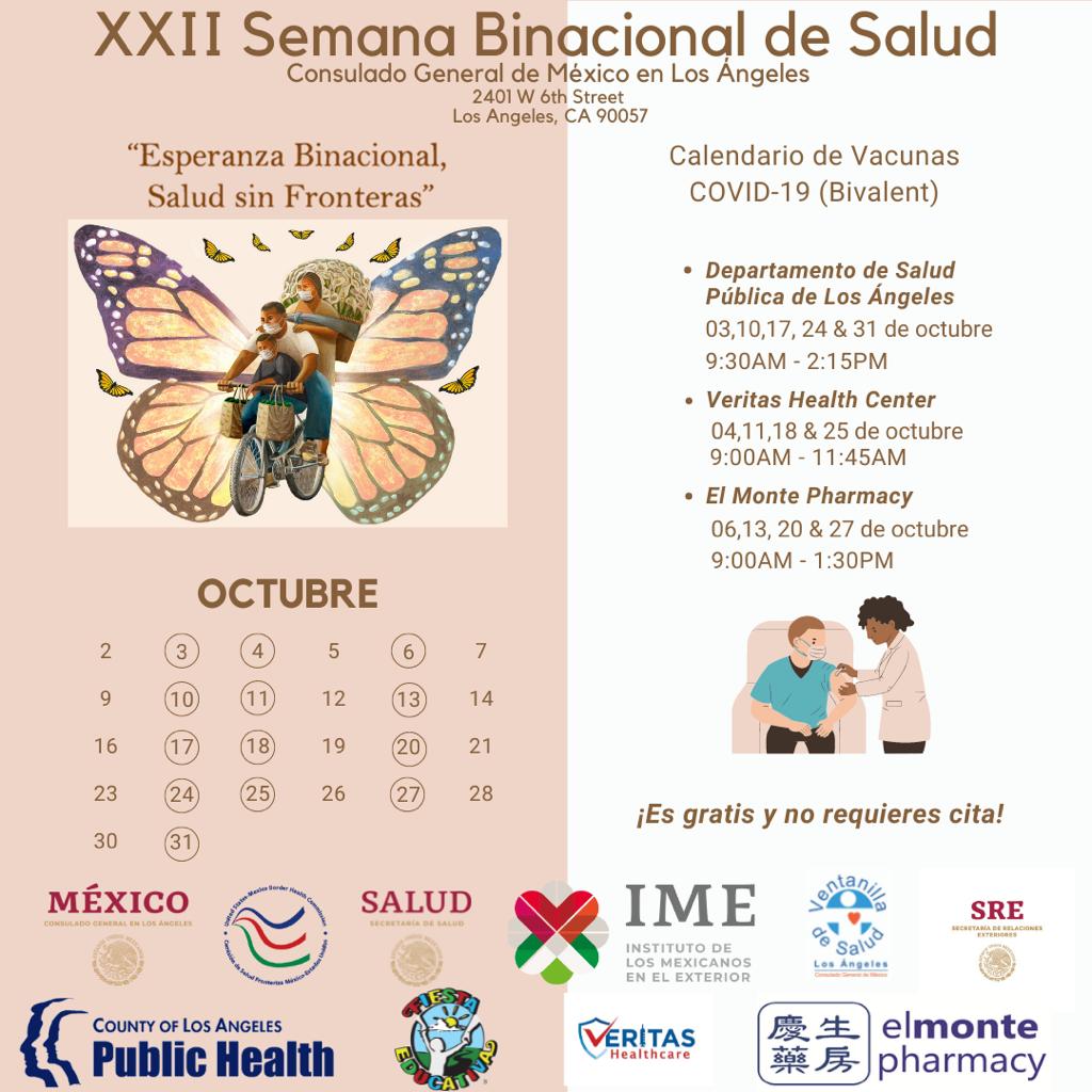 UMSaludLA's tweet photo. Como parte de los esfuerzos de concientización durante la XXII SEMANA BINACIONAL DE SALUD 2022 a celebrarse durante el mes de octubre,  el  @ConsulMexLan te invita a las jornadas de vacunación contra el #COVID19. #SaludSinFronteras  
@IME_SRE 
 #HealthWithoutBorders #XXIISBS https://t.co/2uVSFEMvMv