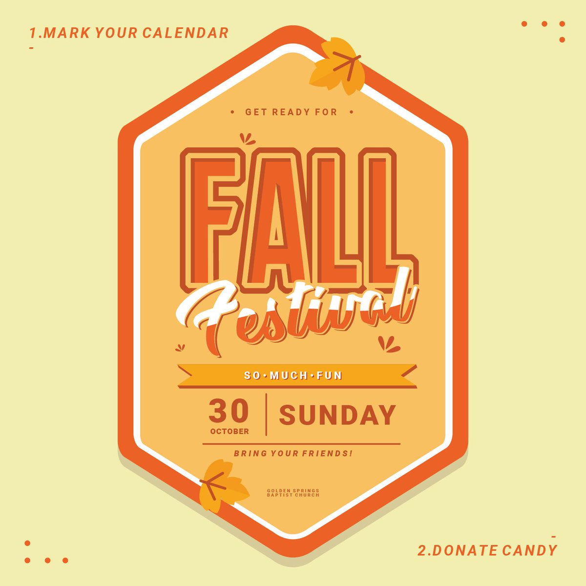 GoldenSpringsBC's tweet photo. Get excited &amp; mark your calendar! Golden Springs will be having a fall festival in the field/parking lot across from Robertson Rd on Sunday, Oct 30th. More details to come. 

We are collecting individually wrapped candy if you are able to donate! 🍬🎃🎉 https://t.co/lUIWVBak8p