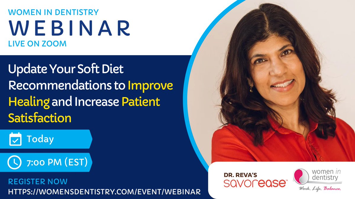 savorease's tweet photo. Nutrition and Oral Surgery are not new but food texture restrictions and implications for oral healing are. 
Dr. Reva describes the emerging product category of crisp dissolvable foods for adults and compares this to nutritional needs during oral surgery recovery. 
Come join! https://t.co/HFt1lWfk1Y
