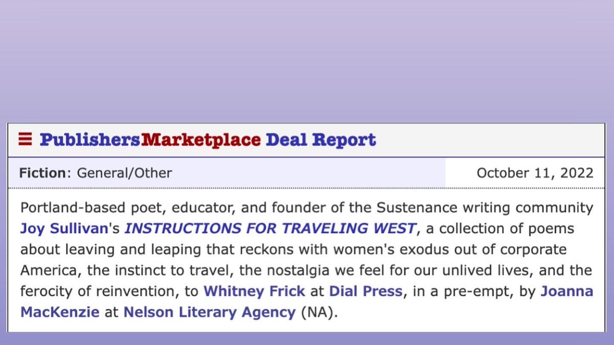 Ecstatic to share that my book of poems, INSTRUCTIONS FOR TRAVELING WEST, will be published in Spring of '24 by Dial Press/<a href="/randomhouse/">Random House Group</a>. 

Wild thanks to my wonderful agent 
<a href="/joannamackenzie/">Joanna MacKenzie</a> for believing in these poems. 

This book is dedicated to those who go. ❤️