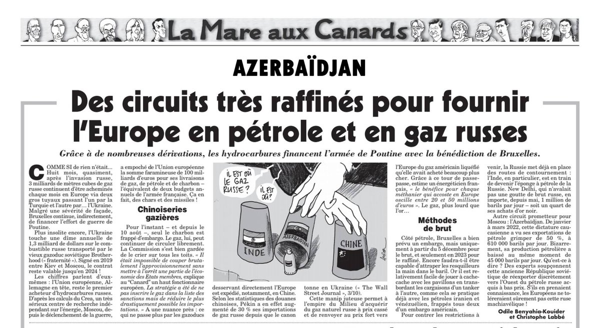 YesVicken's tweet photo. According to Le Canard enchaîné Azerbaijan increased its oil exports by 50% to 610'000 bpd while its oil production declined by 45'000bpd. 
Conclusion: Azerbaijan is recycling Russian gas to European markets.
Why don't Europeans buy directly from Putin? It would even be cheaper! https://t.co/pB4E3ZKQgL