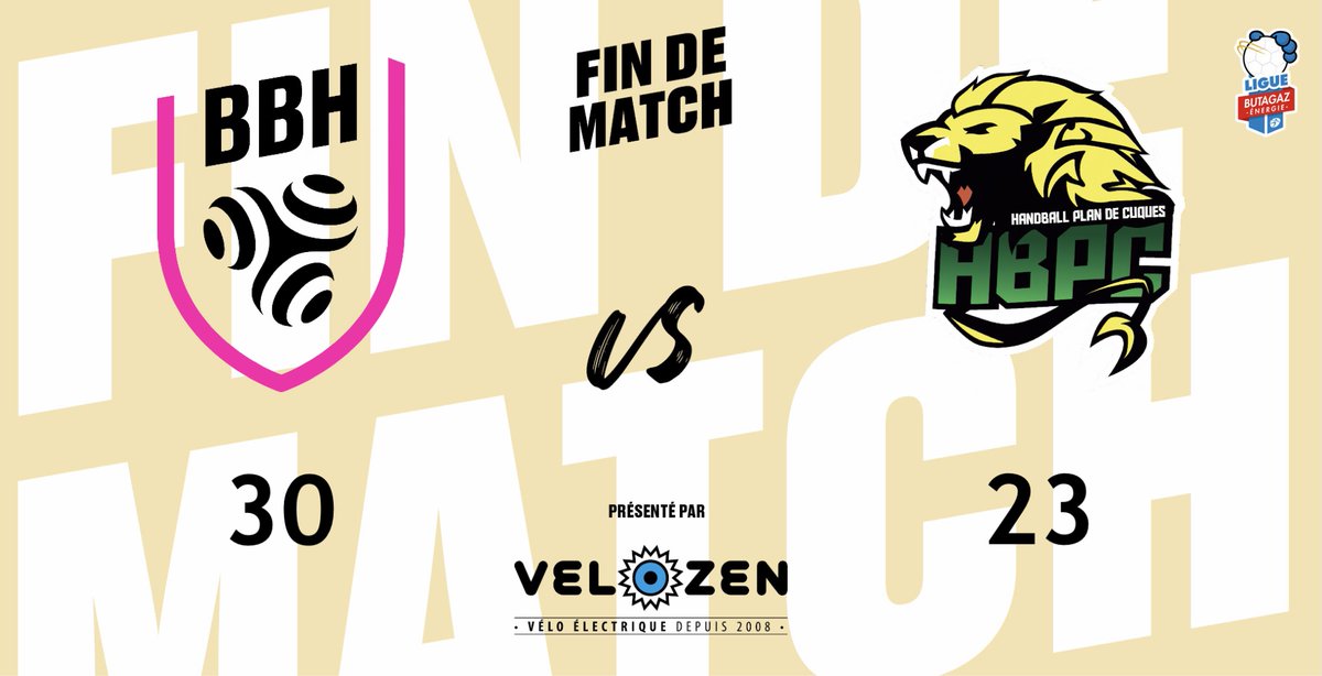 #J05LBE

VICTOIRE DU BBH !!! 👊⚫️⚪️

Les Rebelles ont su effacer 20 premières minutes difficiles pour s'imposer 30-23 face à <a href="/HBPlandeCuques/">HBPC</a> !

Bon boulot les filles ! 👏😃👏

Le score final vous est présenté par notre partenaire <a href="/Velozen_/">Vélozen</a>  🤝