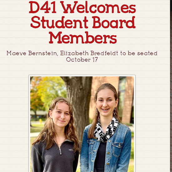 GlenEllynD41's tweet photo. D41 welcomes new Student Board members Maeve Bernstein and Elizabeth Bredfeldt. MORE HERE: https://t.co/yOhLWCJAA6 https://t.co/zfmx2o5Kh7